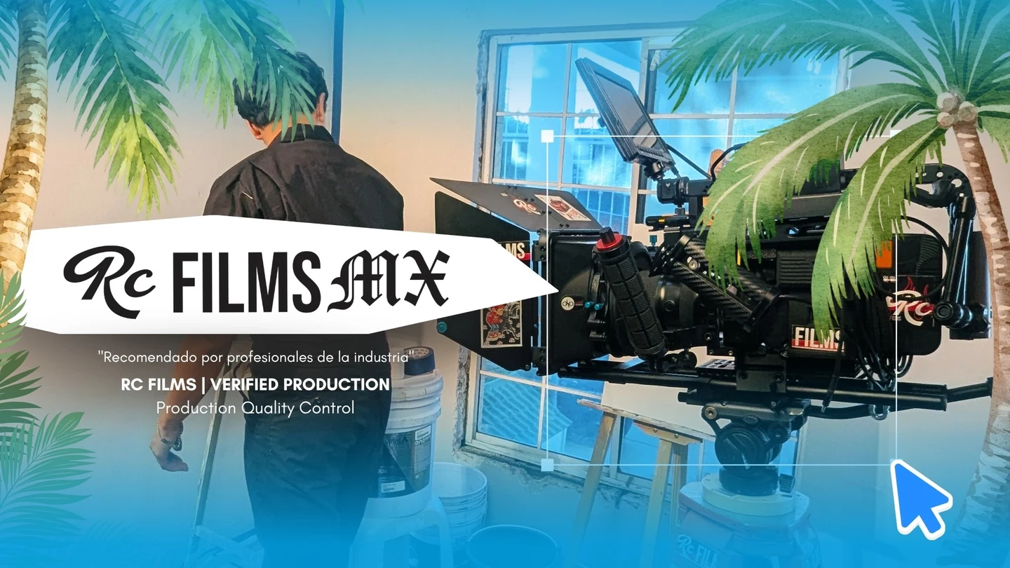 Composición de RC Films MX con una cámara de cine, palmeras y producción en locación.
